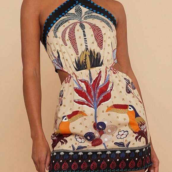 Multicolor Boho Women's Vacation Floral Print Short Halter Neck Casual Dress - Picture 2 of 5